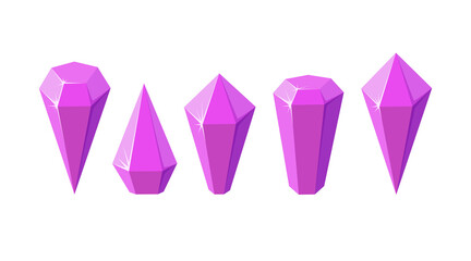 Pink crystal stones like amethyst quartz. Set of geometric gems or glass crystals for games and other designs. Vector illustration in cartoon style