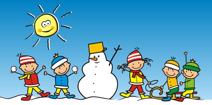 Five little kids with snowman, winter leisure activities, cute vector illustration