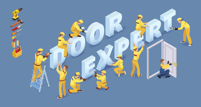 Team of Workers and isometric words Window expert. Vector 3d