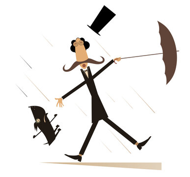 Windy and rainy day, man with a dog and umbrella isolated. Strong wind and rain, long mustache in the top hat man and dog caught up by the wind isolated on white illustration