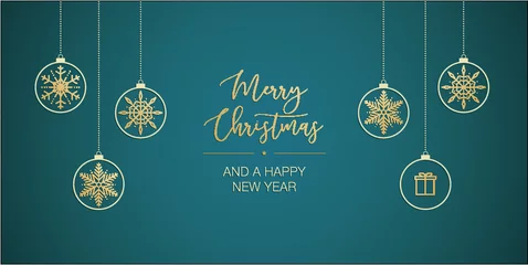 Fotobehang Weihnachtsdesign für Grußkarten, türkis mit goldenen Schneekristallen als Baumschmuck, Vektor Banner, Wallpaper  © S