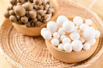 Fresh white and brown Shimeji mushroom in a bowl, Asian mushroom