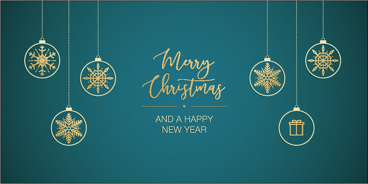 Weihnachtsdesign für Grußkarten, türkis mit goldenen Schneekristallen als Baumschmuck, Vektor Banner, Wallpaper 