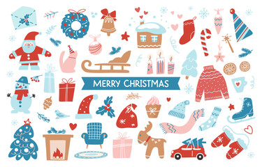 Set of Merry Christmas hand drawing objects isolated on white background. Vector flat illustration. Hand drawn  collection of Christmas winter symbols for banner, greeting card, flyer, stickers