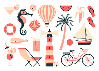 Vector summer illustration, flat icon set, white background. Travel collection. Cocktail, seahorse, balloon, shell, watermelon, compass, banana, flip flops, boat, palm tree, bicycle, lighthouse, chair