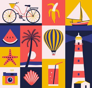 Vector summer illustration, flat icon set, travel poster, background. Palm tree, shell, lighthouse, aerostat, bicycle, starfish, banana, cocktail, boat, watermelon, photo camera.