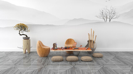 Simple and fresh Zen Chinese classical style interior home design layout background picture