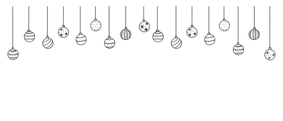 Christmas and New Year background with Hanging simple outline Christmas Balls, isolated, hand drawn. Vector holiday backdrop in doodle style