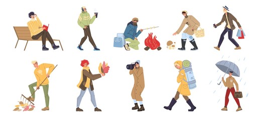 Set of cartoon flat characters doing autumn activities,walking outdoor-various sports,poses,emotions,lifestyle concept