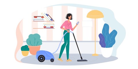 Cartoon flat character surfing internet indoor at home interior - web chat,social networking service,online education,messenger communication,freelance remote work concept
