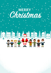 Fototapeta na wymiar Santa claus and multi-ethnic children, vertical - Christmas design template, Included greeting words 
