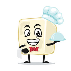 vector illustration of tofu mascot or character wearing chef hat and serve food