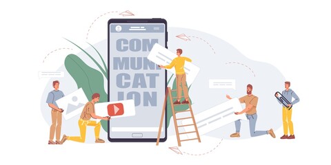 Cartoon flat characters writing messages,texting to each other-online chat,social networking service, communication and friendship concept