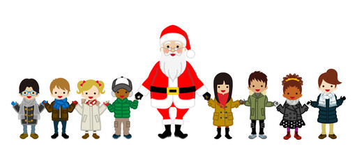 Santa claus and multi-ethnic children - white background