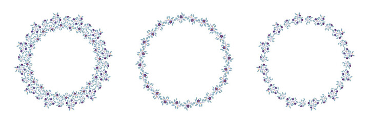 Set of floral isolated vector wreaths, branches with teal leaves and purple flowers on white. Vector illustration, design for poster, banner, invitation, book, fashion fabric, wrapping.