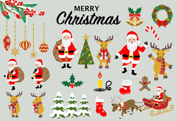 Fototapeta na wymiar Christmas cartoon icon set - santa claus and reindeer, various ornament