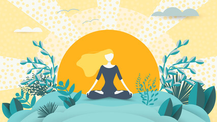 Spiritual therapy for body and mind with harmony yoga vector illustration. Wellness and health in nature. Mentally calm girl on the background of the sun. Balance and serenity of mind and body - obrazy, fototapety, plakaty