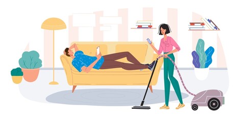 Fototapeta premium Cartoon flat characters surfing internet indoor at home interior - web chat,social networking service,online education,messenger communication,freelance remote work concept