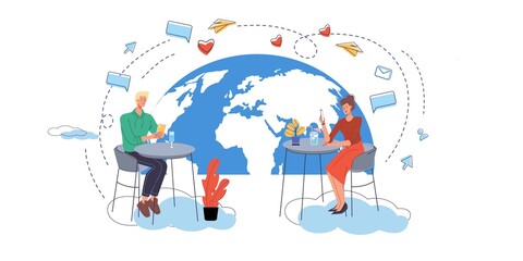 Cartoon flat characters surfing internet - global worldwide content,web chat,social media service,online education,messenger communication,freelance remote work concept