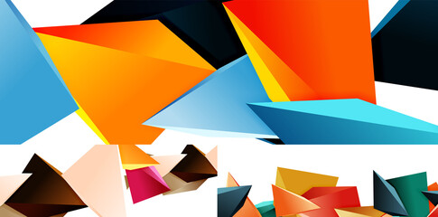 Set of triangle mosaic abstract backgrounds, 3d triangular low poly shapes. Geometric vector illustrations for covers, banners, flyers and posters and other