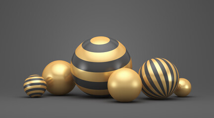 Illustration for advertising. Abstraction illustration. Gold and black spheres on a black background. 3d render illustration.