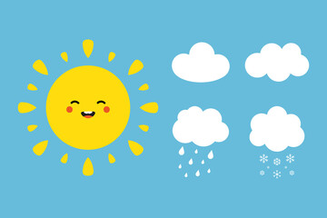 Cute cartoon style sun character with set, collection of clouds.