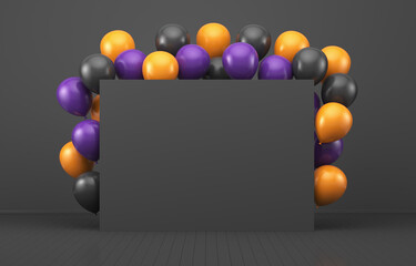 Balloons in a black  interior around a black  board. 3d render illustration. Illustrations for advertising.