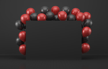 Black Friday. Red and black balloons in a black  interior around a black  board. 3d render illustration. Illustrations for advertising.