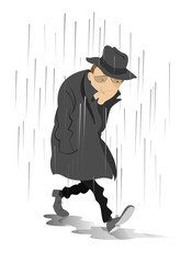 Rainy day and the man in low spirits. Sad man is walking on puddles under the rain

