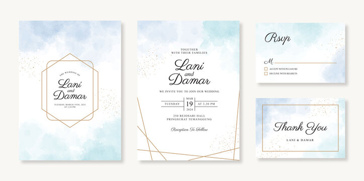 Geometric gold wedding invitation card template with watercolor background and sparkle