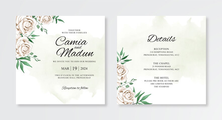 Minimalist wedding invitation template with watercolor floral