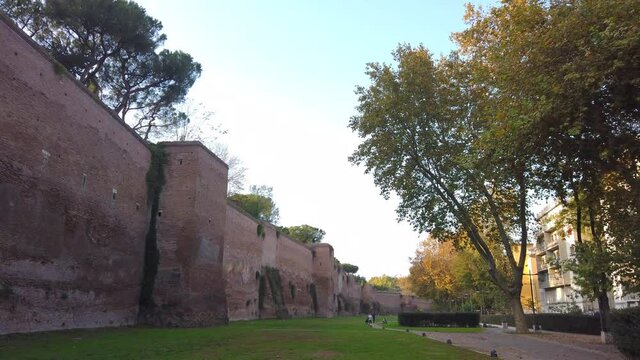 Aurelian Walls located in Rome close to viale metronio. The city walls of the capital of Italy have been built between 271 AD and 275 AD. slow pan motion.