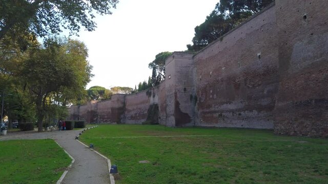 Aurelian Walls located in Rome close to viale metronio. The city walls of the capital of Italy have been built between 271 AD and 275 AD. dolly motion.