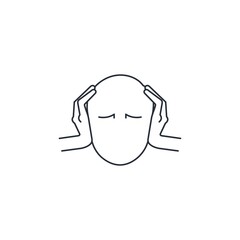 Fototapeta premium Human head, eyes closed, ears closed with hands. Negative informational impact. Psychological crazy stress. Vector linear icon isolated on white background.