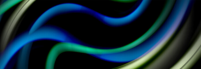 Dynamic motion abstract background. Color blurred stripes on black. Wave liquid lines poster. Vector illustration