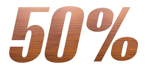 50 percent with brown wooden texture on white background.