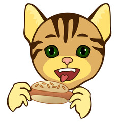 cool happy cat sticking out his tongue with pleasure and holds a hot dog, color vector, simple colored emoticon on white isolated background