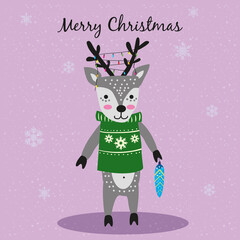 Merry Christmas Cute Deer with sweater, garland and toy card. Hand drawn character illustration vector isolated poster