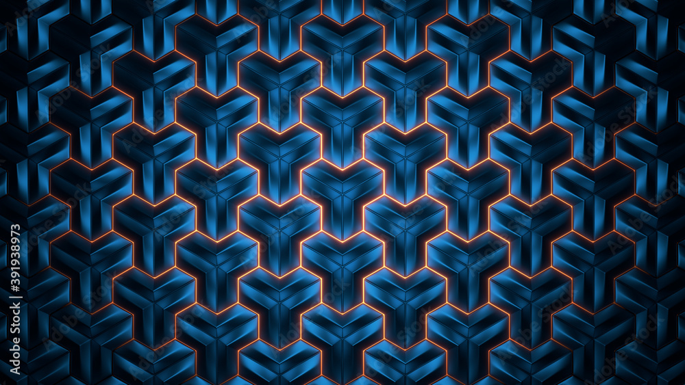 Wall mural abstract geometric background. abstract blue polygon in rays of light. 3d rendering.