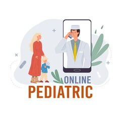 Cartoon flat doctor character in uniform,laboratory coat with medical devices and patient-web online medic treatment and therapy,telemedicine concept