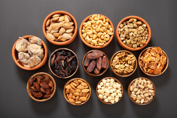 Dried fruits and mixed nuts. Healthy foods.