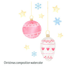 Christmas composition with tree toy, Christmas ball, snowflakes, stars watercolor, . Merry Christmas and happy New Year. Christmas  greeting card.