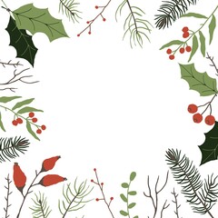 Backgraund with winter floral elements. Frame for text. winter floral decoration element with pine, leaves, berries and spruce. Hand drawn style.