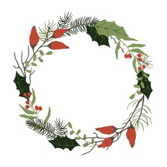 Round floral frame with winter floral decoration element with pine, leaves, berries and spruce. Herbal wreath. Decorative wreath. Hand drawn style.