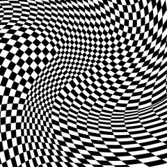 Abstract black and white checkered background. Geometric pattern with visual distortion effect. Optical illusion. Op art.