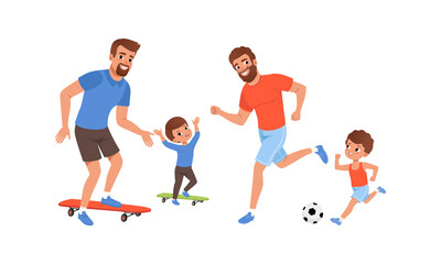 Fototapeta na wymiar Father and their Sons Doing Sports Together, Cheerful Men and Boys Playing Soccer and Riding Skateboard Cartoon Vector Illustration