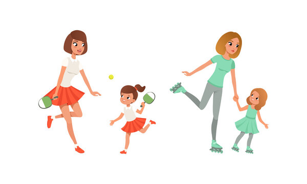 Mother and their Daughters Doing Sports Together, Cheerful Women and Girls Playing Tennis and Rollerblading Cartoon Vector Illustration