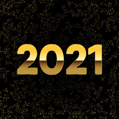 2021 New Year card with golden text on confetti black background. Vector.