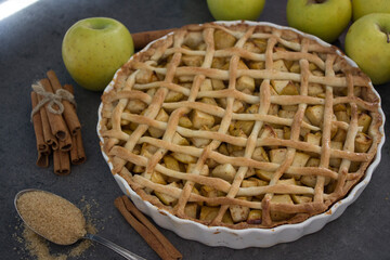 Apple pie. Classic autumn cake on a table. Fresh baked homemade dessert. 