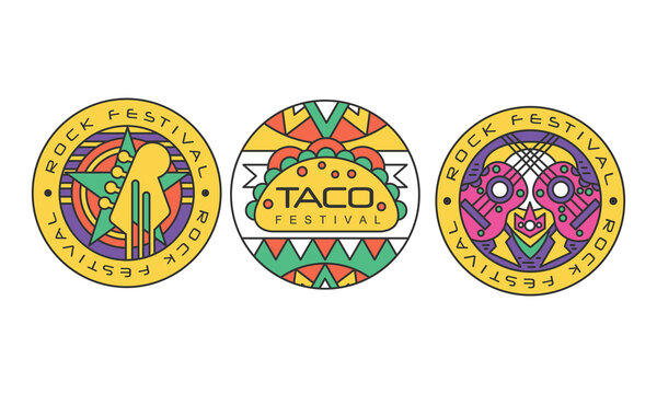 Festival Logos Set, Piano, Rock Music, Taco Festival Labels or Stickers of Round Shape Vector Illustration